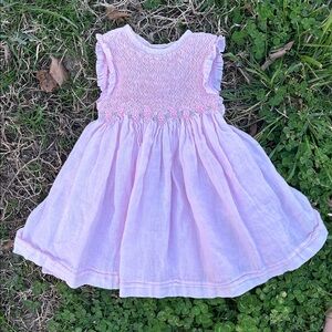 Linen 🩷 pink 9-12 mo. handmade baby dress with smocking and rosettes 🌹